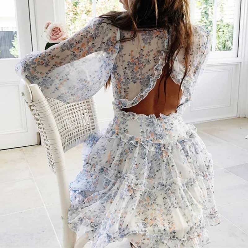 Long Sleeve Backless Ladies Floral Dress