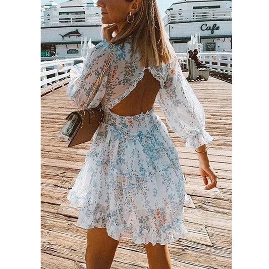 Long Sleeve Backless Ladies Floral Dress