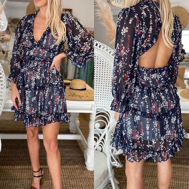 Long Sleeve Backless Ladies Floral Dress