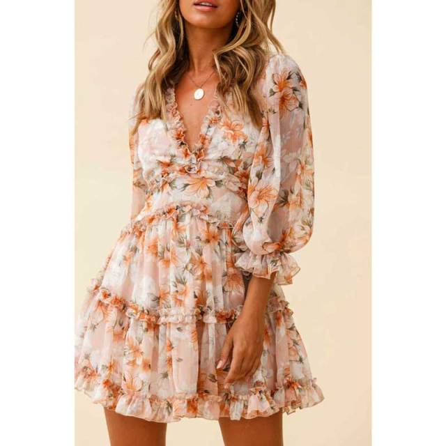 Long Sleeve Backless Ladies Floral Dress