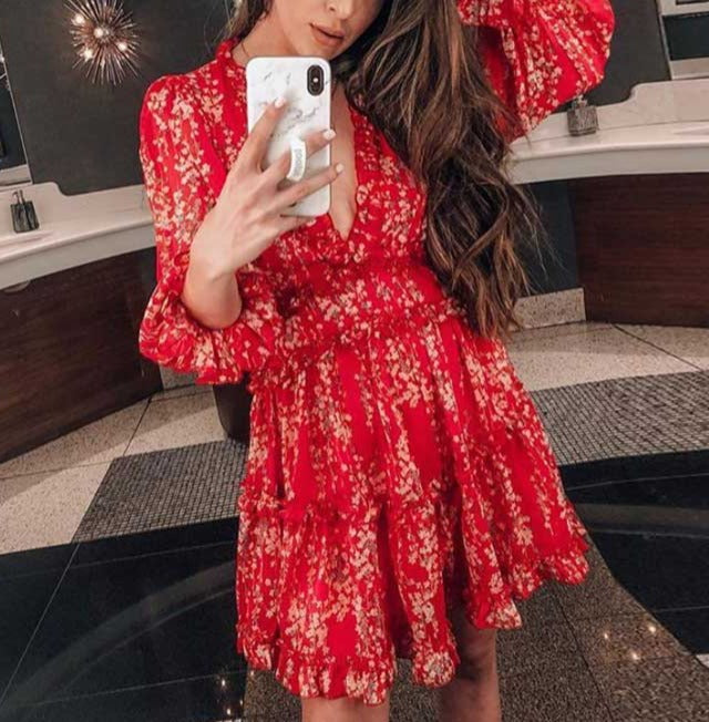 Long Sleeve Backless Ladies Floral Dress