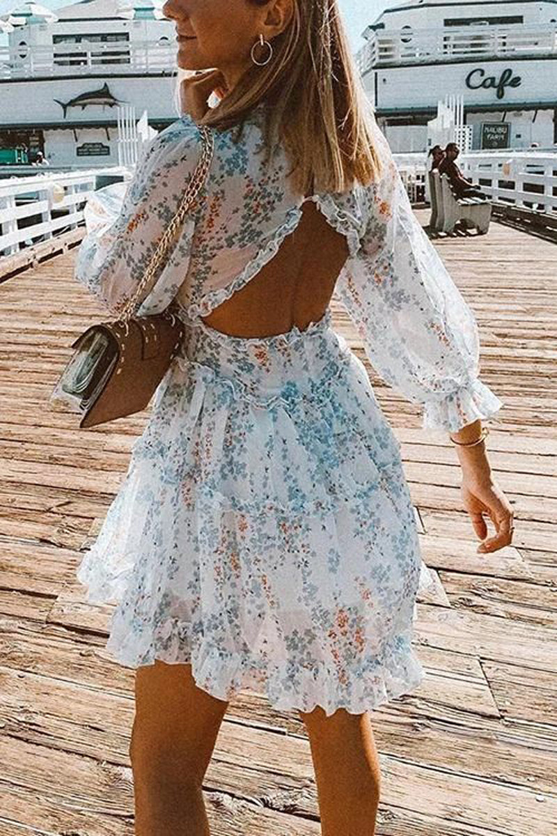 Long Sleeve Backless Ladies Floral Dress