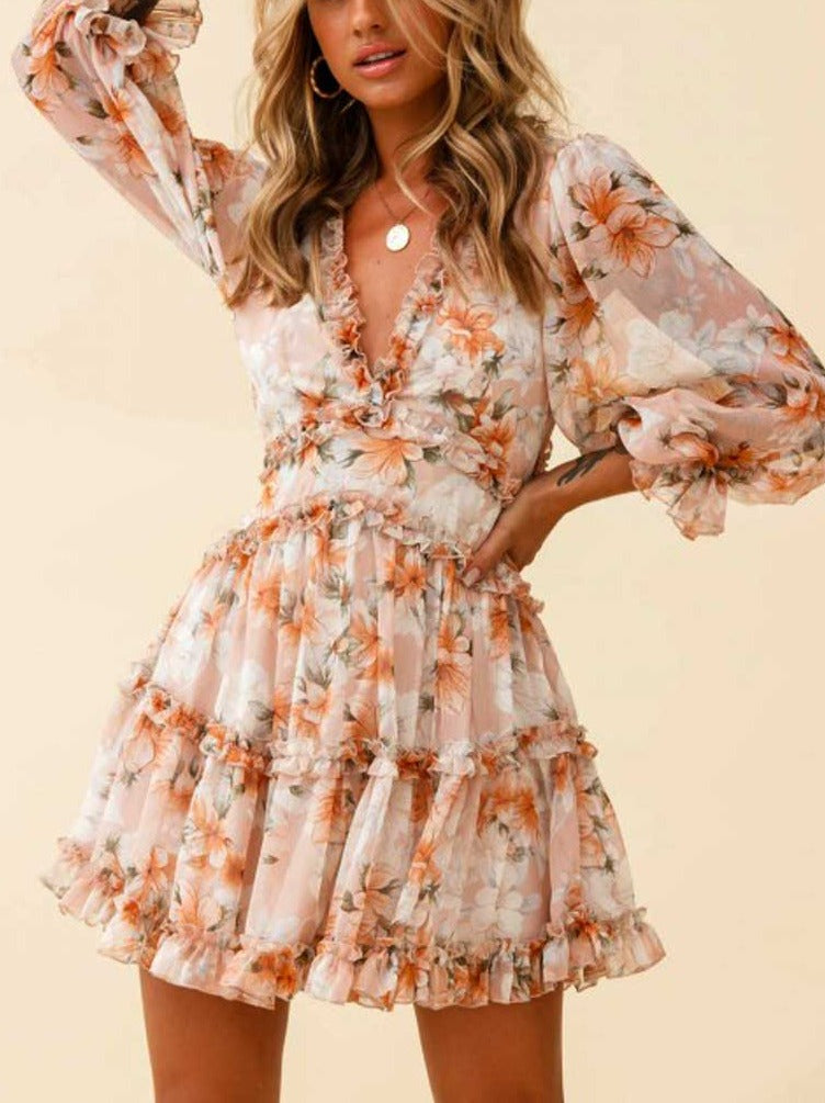 Long Sleeve Backless Ladies Floral Dress