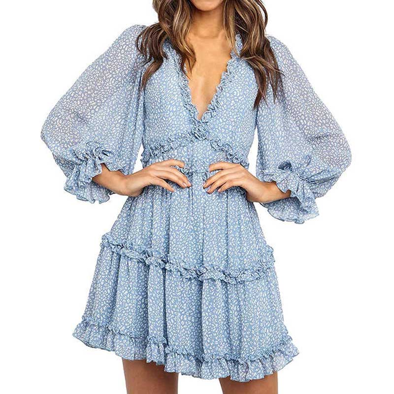 Long Sleeve Backless Ladies Floral Dress